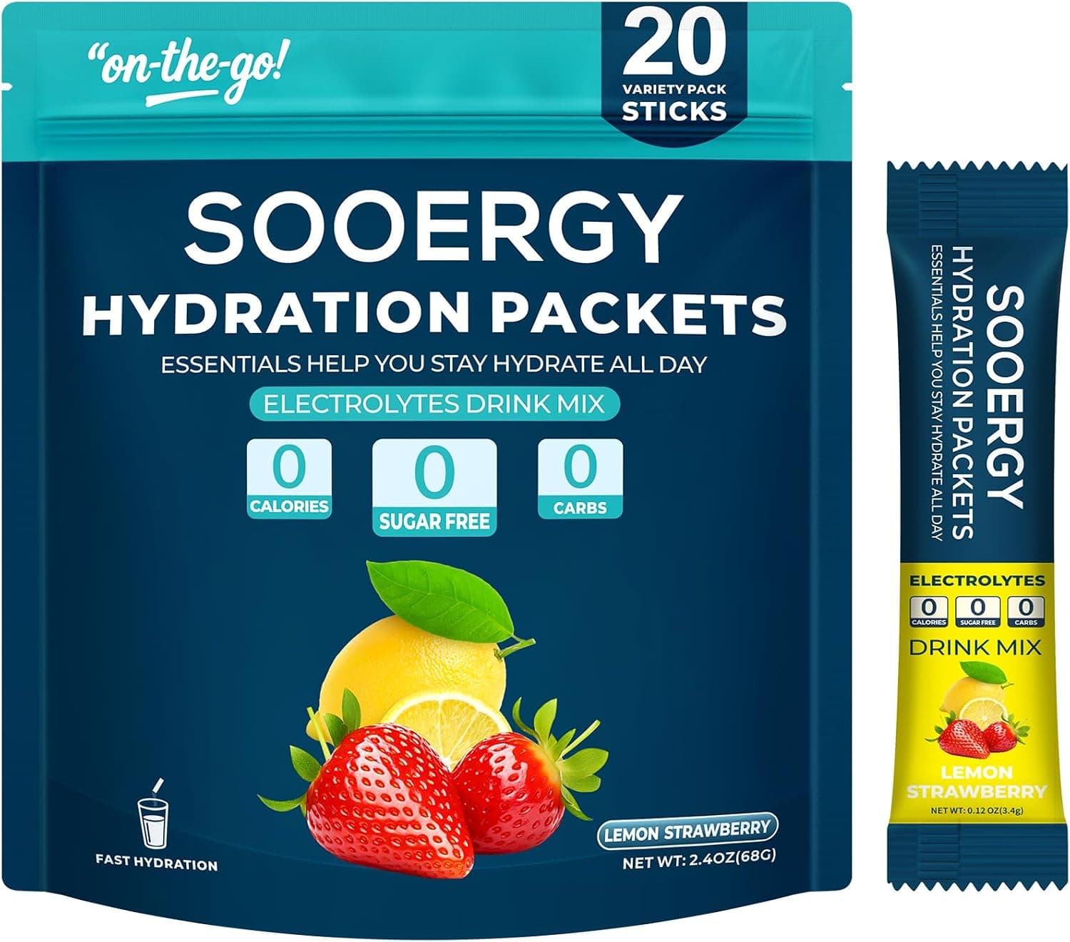 Electrolytes Powder Packets, Sugar Free Hydration Sticks - Lemon Strawberry (20 Sticks)