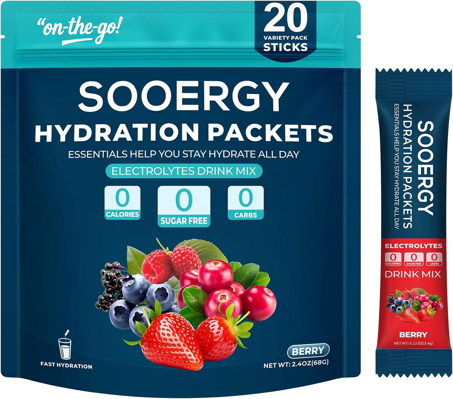 Electrolytes Powder Packets, Sugar Free Hydration Sticks - Mix Berry (20 Sticks)
